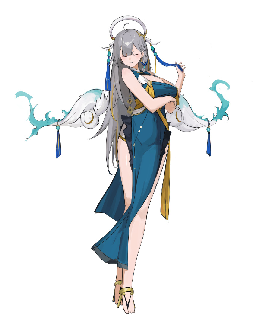 1girl absurdres aged_up ahoge amane_kanata angel angel_wings arm_under_breasts bare_shoulders blue_dress blunt_bangs breasts cleavage cleavage_cutout closed_eyes closed_mouth clothing_cutout covered_navel dress full_body grey_hair grin halo head_wings high_heels highres hololive large_breasts loincloth long_hair shiro_wa_(shiroshironix) sketch sleeveless sleeveless_dress smile solo tassel very_long_hair virtual_youtuber wings