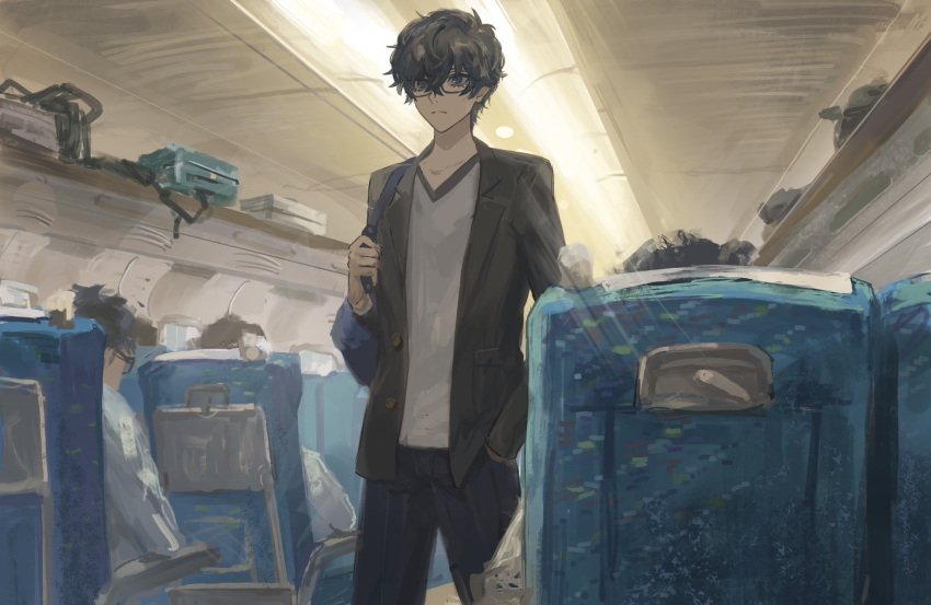 1boy 1girl amamiya_ren bag black-framed_eyewear black_eyes black_hair black_pants chair closed_mouth hair_between_eyes hand_in_pocket highres indoors jacket kra_0056 long_sleeves male_focus open_clothes open_jacket pants persona persona_5 shirt solo train_interior walking white_shirt