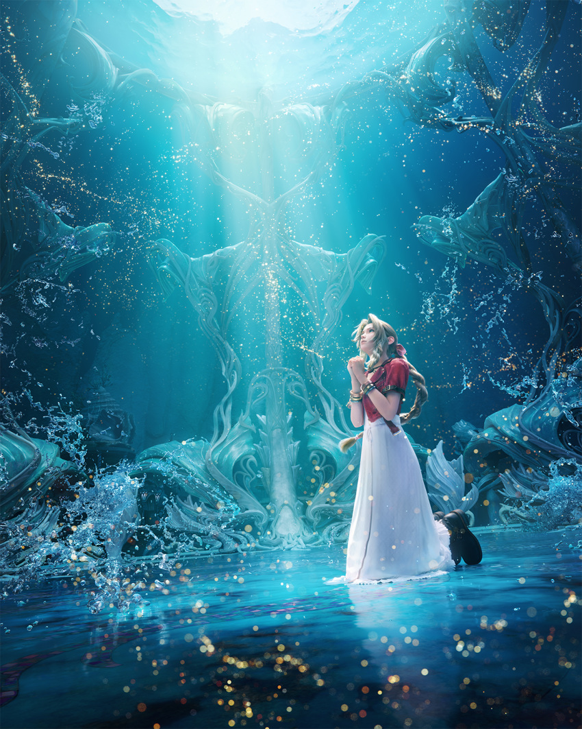 1girl aerith_gainsborough brown_hair cropped_jacket dress final_fantasy final_fantasy_vii final_fantasy_vii_rebirth final_fantasy_vii_remake highres jacket key_visual kneeling light_particles light_rays looking_up official_art pink_dress praying promotional_art red_jacket solo water