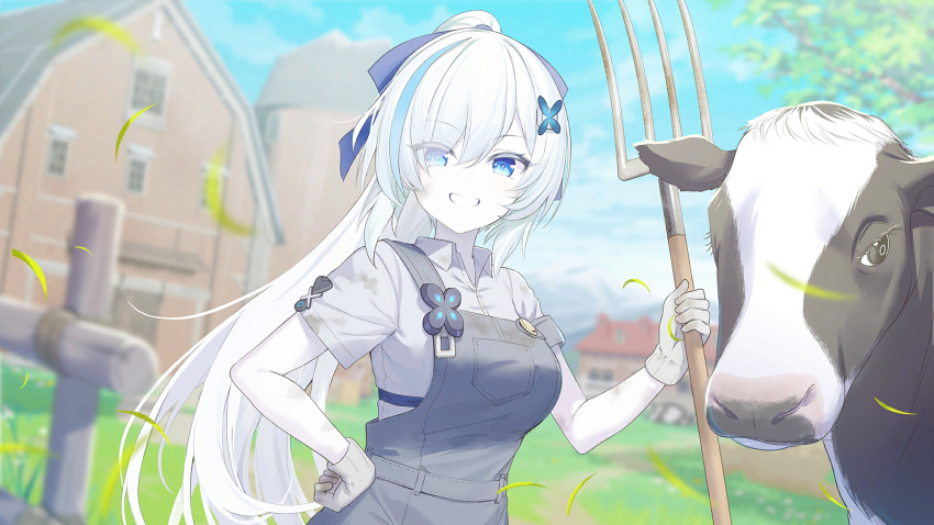 1girl aged_up artist_request azur_lane blue_eyes blue_hair blurry bow breasts clenched_teeth cloud colored_eyelashes colored_skin cow day depth_of_field dirty dirty_clothes eyes_visible_through_hair farm farmer flower game_cg grass grey_overalls grey_shirt grin hair_bow hair_flower hair_ornament hand_on_own_hip high_ponytail highres holding holding_pitchfork jewelry long_hair medium_breasts multicolored_hair necklace non-web_source official_art outdoors overalls pale_skin pitchfork shirt short_sleeves smile streaked_hair tb_(azur_lane) tb_(type-l)_(azur_lane) teeth tree two-tone_hair very_long_hair white_hair white_skin