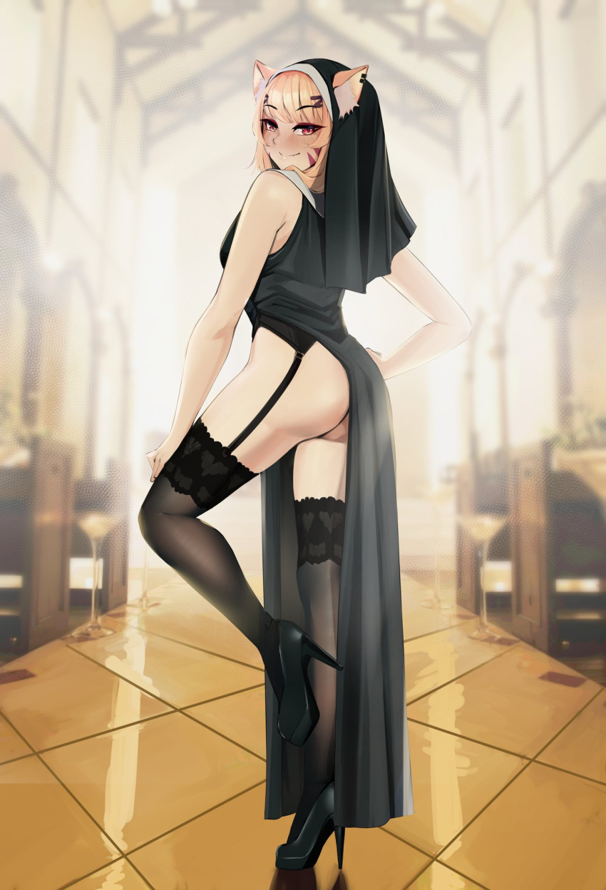 1girl animal_ear_fluff animal_ears ass black_thighhighs blonde_hair cat_ears cat_girl english_commentary facial_mark from_side garter_straps habit hand_on_own_hip hand_on_own_leg high_heels highres indie_virtual_youtuber long_hair looking_at_viewer nun pupi_(rain_prophet) red_eyes shyrei_faolan side_slit smile solo thighhighs virtual_youtuber whisker_markings