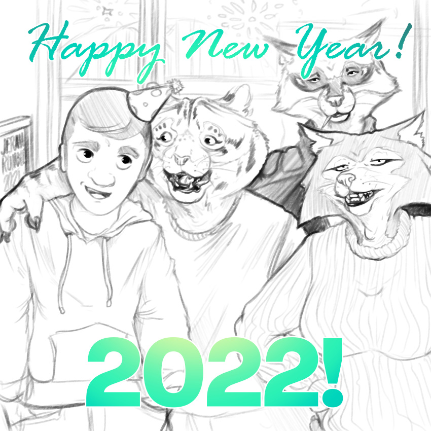 absurd_res anthro benjamin_ratterman canid canine canis celebration digital_drawing_(artwork) digital_media_(artwork) felid female fox friends group hi_res holidays human male mammal new_year new_year_2022 pantherine tiger wolf