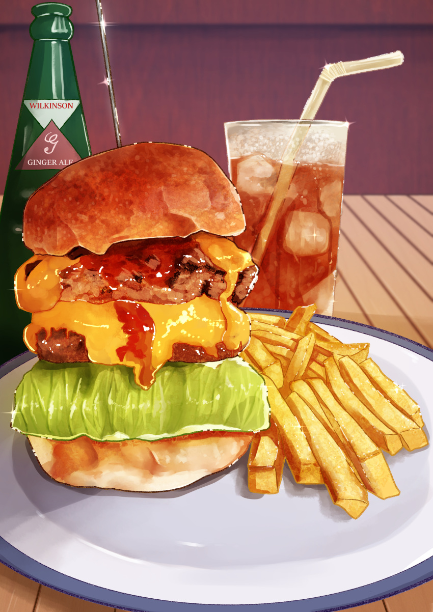 absurdres bottle burger cheese cup drink drinking_glass drinking_straw food food_focus french_fries ginger_ale highres ice ice_cube indoors kaneko_ryou ketchup lettuce no_humans original plate still_life table