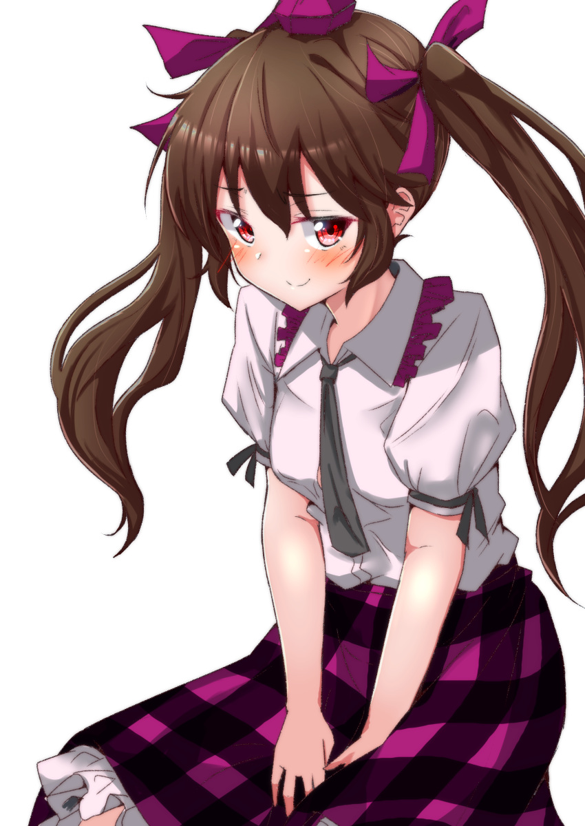 1girl absurdres blush brown_hair checkered_clothes checkered_skirt clip_studio_paint_(medium) closed_mouth collar commentary_request frilled_collar frills geta grey_necktie grey_ribbon hat highres himekaidou_hatate long_hair looking_at_viewer mukkushi necktie purple_headwear short_sleeves simple_background skirt sleeve_ribbon smile solo tengu-geta textless_version tokin_hat touhou twintails white_background