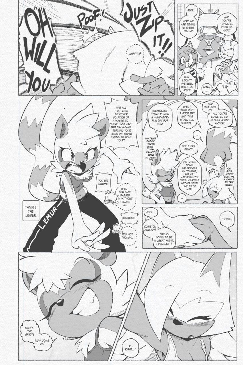 anthro arthropod beetle canid canine canis clothing domestic_cat euf-dreamer fan_character felid feline felis female footwear group hi_res idw_publishing insect jewel_the_beetle lemur mammal pillow primate sega shoes slippers sonic_the_hedgehog_(comics) sonic_the_hedgehog_(idw) sonic_the_hedgehog_(series) speech_bubble strepsirrhine tangle_the_lemur whisper_the_wolf wolf