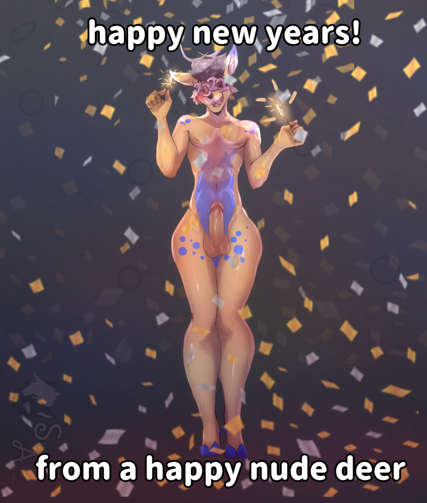 anthro antlers balls blond_fur blue_body blue_fur blush cervid confetti eyewear fur genitals glasses hands hi_res holidays hooves horn humanoid_genitalia invalid_tag male mammal new_year penis solo sparklers spots teeth text tongue unknown_artist