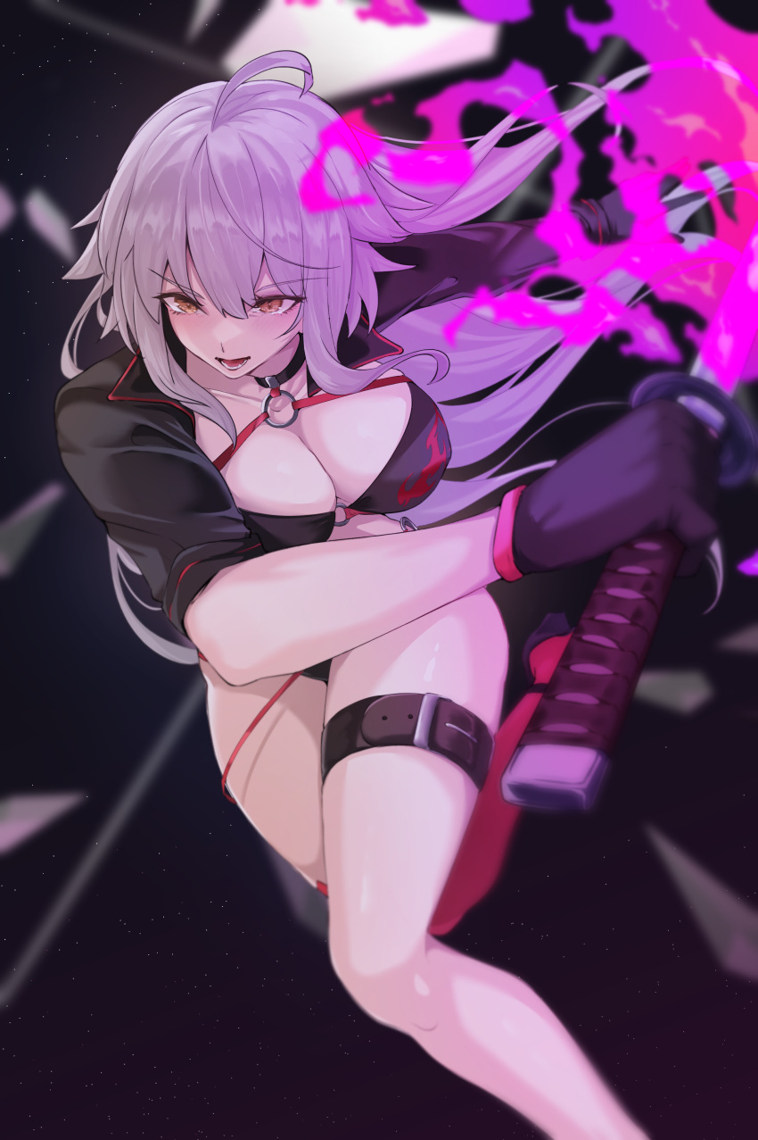 1girl absurdres ahoge bikini black_bikini black_gloves black_jacket breasts brown_eyes cleavage collarbone cropped_jacket fate/grand_order fate_(series) fire gloves grey_hair highres jacket jeanne_d'arc_alter_(fate) jeanne_d'arc_alter_(swimsuit_berserker)_(fate) katana large_breasts long_hair long_sleeves open_mouth purple_fire red_thighhighs shrug_(clothing) single_thighhigh solo swimsuit sword thigh_strap thighhighs thighs vanko_(vank0a) weapon