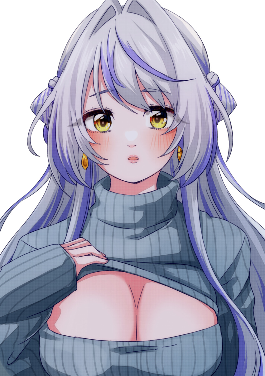 1girl blush braid braided_bun breasts cleavage_cutout clothes_lift clothing_cutout commentary_request cone_hair_bun expressionless grey_sweater hair_bun hair_intakes highres islandz kohaku_yuri large_breasts lips long_hair looking_at_viewer medium_bangs multicolored_hair nanashi_inc. open_mouth purple_hair sidelocks simple_background solo streaked_hair sweater sweater_lift teardrop_earrings turtleneck turtleneck_sweater two-tone_hair upper_body virtual_youtuber white_background white_hair yellow_eyes