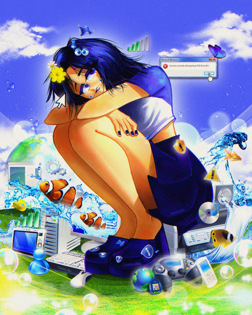 1girl blue_eyes blue_footwear blue_hair blue_skirt bubble bug butterfly cloud computer controller cursor error_message fish flower frutiger_aero gabiecillo game_console game_controller glasses hair_flower hair_ornament handheld_game_console highres icon_(computing) keyboard_(computer) looking_at_viewer miniskirt monitor mouse_(computer) nail_polish original shoes short_hair skirt sky solo squatting water window_(computing)