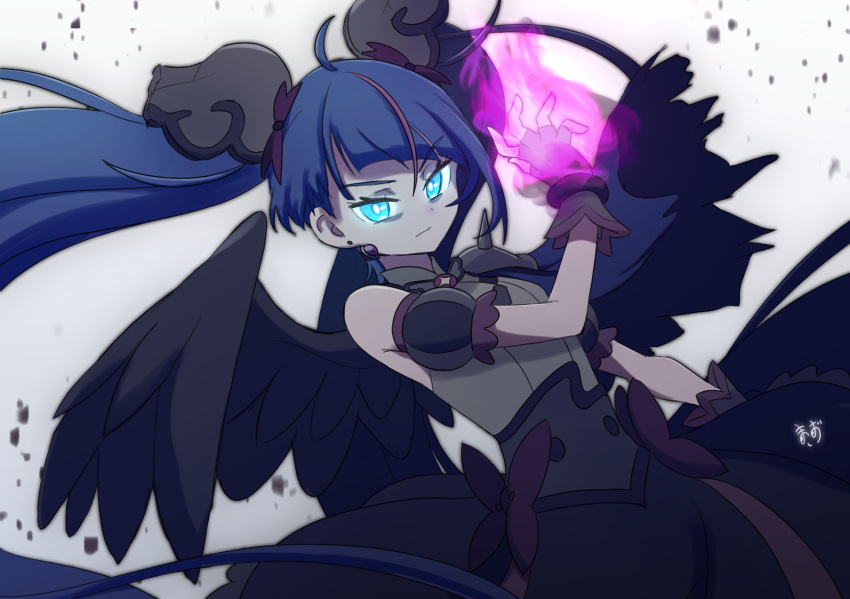 1girl armor black_dress black_wings blue_eyes blue_hair bow brooch closed_mouth corruption cure_sky cut_bangs dark_cure_sky dark_persona detached_sleeves dress dress_bow dutch_angle earrings feathered_wings fingerless_gloves frown gloves glowing glowing_eyes glowing_hand grey_dress grey_gloves highres hirogaru_sky!_precure jewelry long_hair looking_at_viewer magical_girl multicolored_hair pauldrons precure puffy_detached_sleeves puffy_sleeves red_hair shoulder_armor single_pauldron single_wing sleeveless sleeveless_dress solo sora_harewataru spiked_pauldrons standing streaked_hair twintails two-tone_dress very_long_hair wind wing_brooch wing_hair_ornament wings zerolay