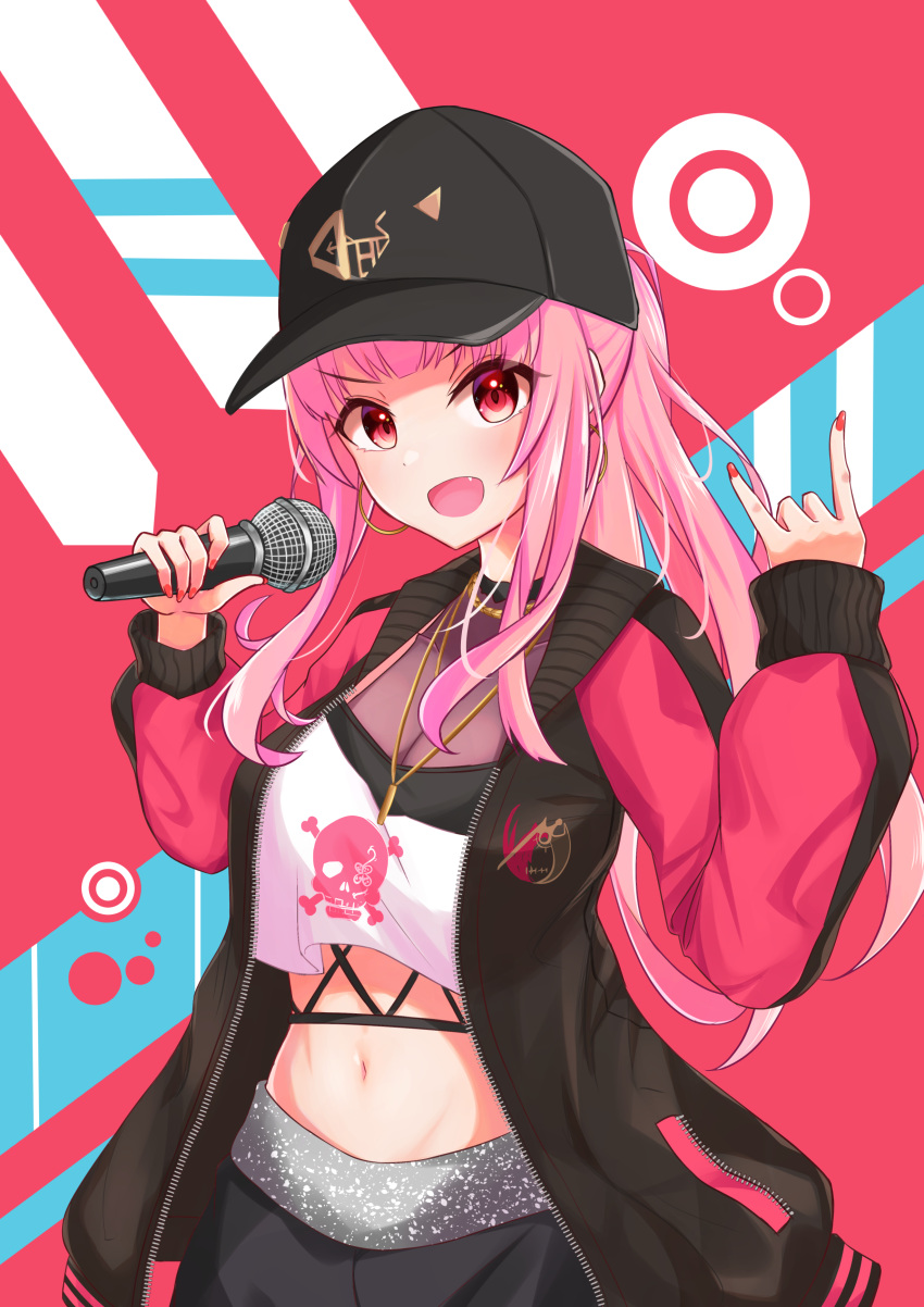 1girl \n/ absurdres baseball_cap black_headwear black_jacket breasts cleavage commentary_request cowboy_shot cropped_shirt hands_up haseya_8791 hat highres holding holding_microphone hololive hololive_english jacket jewelry long_hair long_sleeves looking_at_viewer medium_breasts microphone midriff mori_calliope navel necklace open_clothes open_jacket open_mouth pink_hair ponytail red_eyes shirt smile solo virtual_youtuber white_shirt