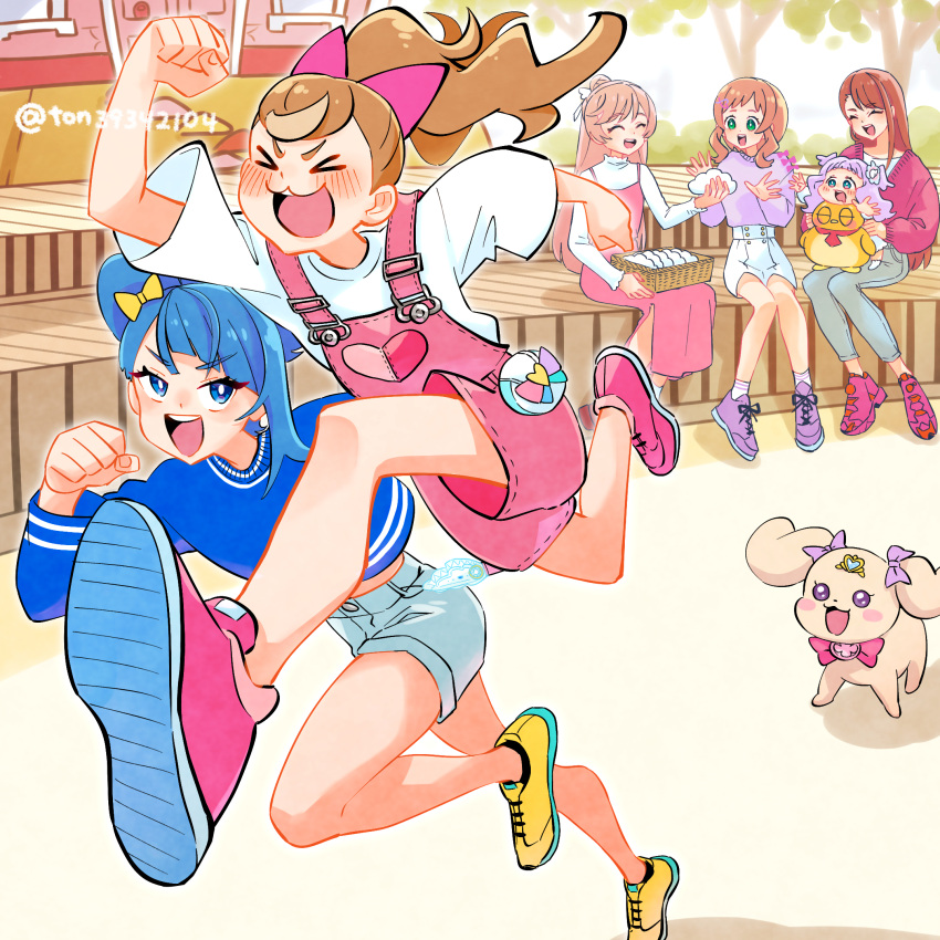 &gt;_&lt; :3 basket blue_eyes blue_hair blue_shirt bow bowtie brown_hair casual closed_eyes commentary cropped_shirt cut_bangs day dog dress ellee-chan foreshortening green_eyes grey_pants hair_bow hair_bun hair_pulled_back healin'_good_precure heart heart_print highres hijiri_ageha hirogaru_sky!_precure in-franchise_crossover inukai_iroha inukai_komugi jacket latte_(precure) long_dress long_sleeves looking_at_another medium_hair nijigaoka_mashiro no_socks open_mouth outdoors overall_shorts overalls pants pinafore_dress pink_bow pink_bowtie pink_dress pink_footwear pink_hair pink_jacket pink_overalls ponytail pouch precure purple_footwear purple_shirt running shirt shoes short_sleeves shorts side_slit single_hair_bun sitting sleeveless sleeveless_dress smile sneakers socks sora_harewataru t-shirt ton_(ton39342104) turtleneck twitter_username white_shirt white_shorts white_socks wonderful_precure! yellow_bow yellow_footwear yuunagi_tsubasa_(bird)