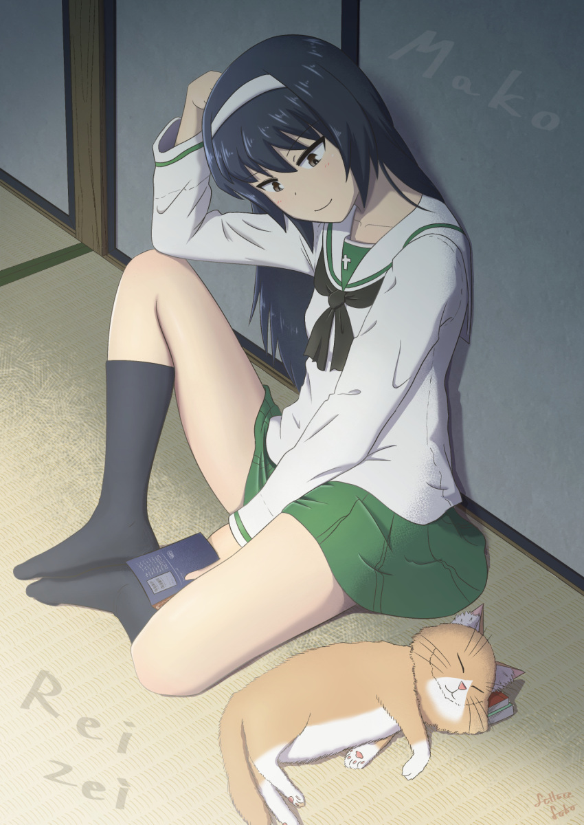 1girl artist_name black_hair black_neckerchief black_socks blouse book brown_eyes butterfly_sitting cat character_name closed_mouth commentary girls_und_panzer hairband hand_on_own_head highres holding holding_book indoors lettuce-labo long_hair long_sleeves looking_at_another miniskirt neckerchief ooarai_school_uniform pleated_skirt reizei_mako sailor_collar school_uniform serafuku shirt signature sitting skirt smile socks solo tatami white_hairband white_sailor_collar white_shirt