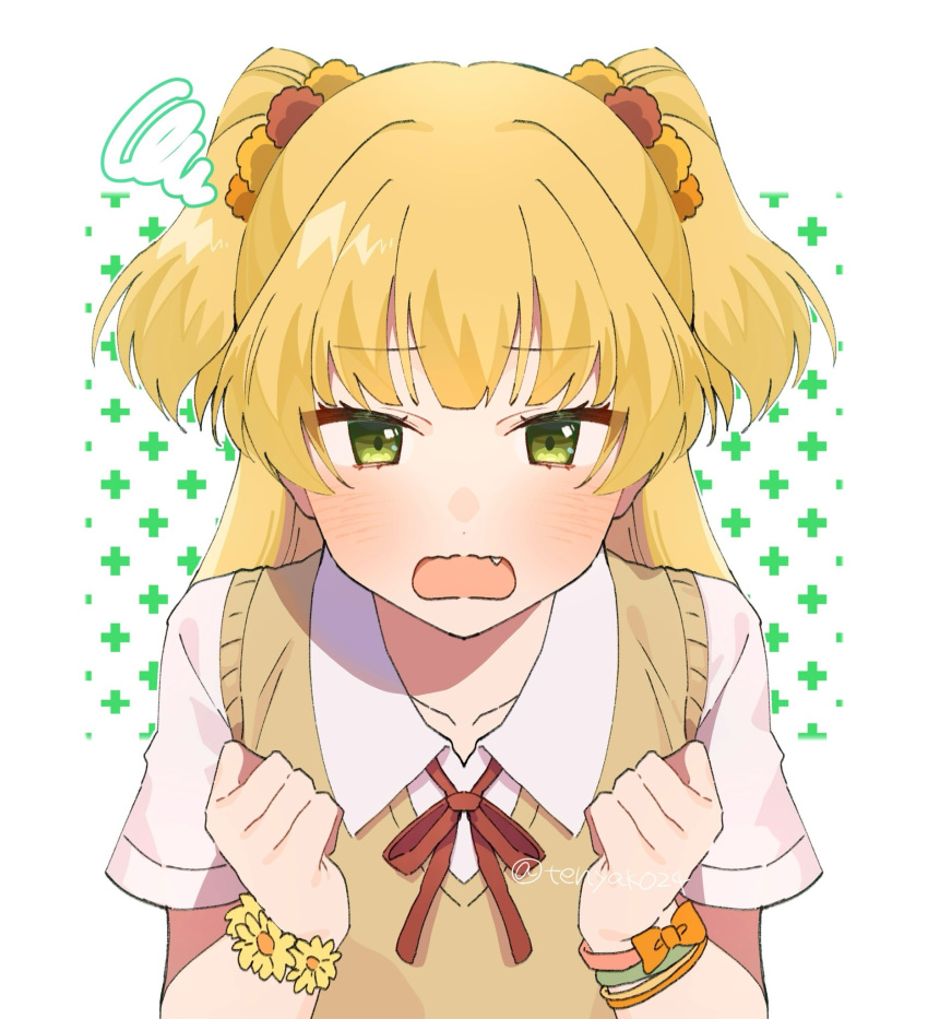 1girl blonde_hair blush cardigan_vest clenched_hands collared_shirt commentary_request fang green_eyes highres idolmaster idolmaster_cinderella_girls jougasaki_rika long_hair looking_at_viewer open_mouth shirt short_sleeves solo squiggle tenyako_(mirasato24) two_side_up upper_body