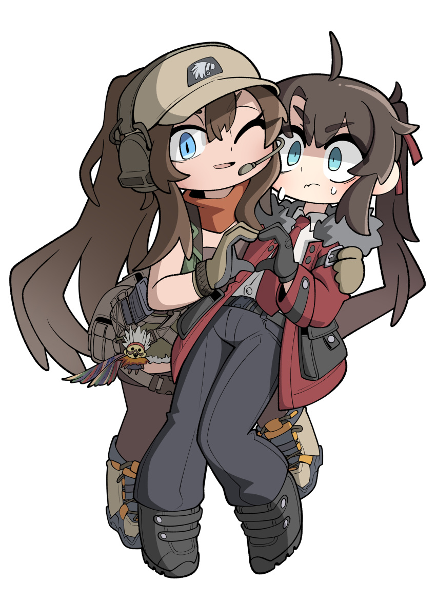 1boy 1girl absurdres ahoge armedrabbit ascot baseball_cap bent_over black_footwear black_gloves black_pants blue_eyes boots breasts brown_footwear brown_hair brown_headwear brown_shirt closed_mouth cm901_(girls'_frontline) collared_shirt commander_(girls'_frontline) commission commissioner_upload ear_protection fur-trimmed_jacket fur_trim girls'_frontline gloves hair_between_eyes hat heart heart_hands heart_hands_duo highres jacket journey_in_the_auspicious_snow_(girls'_frontline) long_hair long_sleeves looking_at_viewer microphone necktie one_eye_closed open_clothes open_jacket open_mouth orange_ascot pants ponytail pouch red_jacket red_necktie shirt shorts sidelocks sleeveless sleeveless_shirt small_breasts thighhighs white_shirt