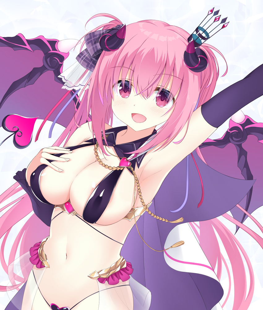 1girl :d anneliese areola_slip arm_up armpits bare_shoulders black_cape black_panties black_sleeves blush bow breasts bububugsan cape cleavage commentary covered_nipples crossed_bangs crown curled_horns curvy demon_girl demon_horns demon_tail demon_wings detached_sleeves eyelashes eyes_visible_through_hair fingernails floating_hair grey_bow hair_between_eyes hair_bow hand_up heart heart_panties heart_print highres horns kimagure_temptation large_breasts long_hair looking_at_viewer mini_crown navel open_mouth panties pink_eyes pink_hair plaid plaid_bow print_panties simple_background smile solo stomach tail twintails underwear upper_body very_long_hair white_background wings