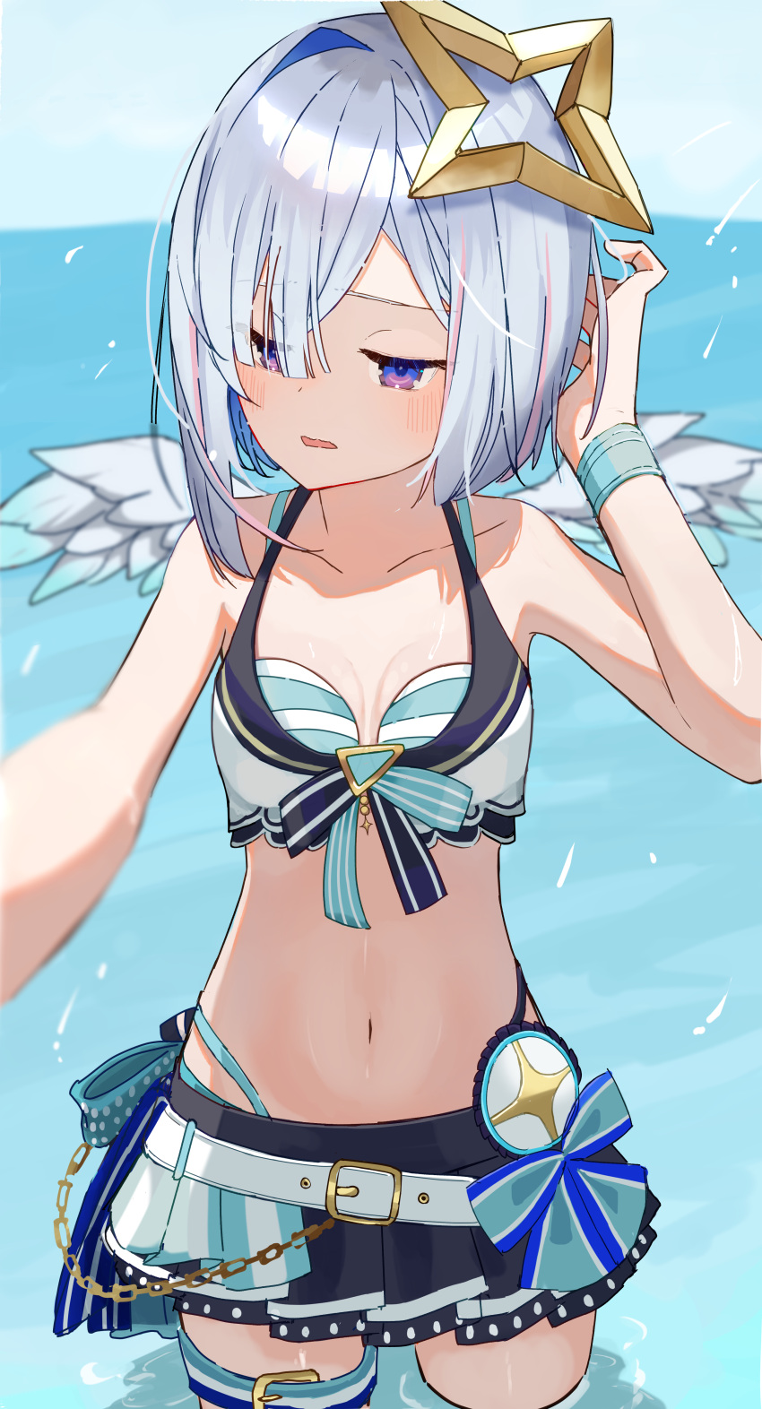 1girl absurdres amane_kanata belt bikini bikini_skirt black_skirt blue_bikini blue_eyes blue_hair blue_sky breasts colored_inner_hair commentary_request feathered_wings grey_hair halo halterneck hand_up highleg highleg_bikini highres hololive hololive_summer_2023_swimsuit looking_to_the_side mini_wings miyononon multicolored_hair navel ocean official_alternate_costume open_mouth pink_hair short_hair skirt sky small_breasts solo standing star_halo streaked_hair striped_bikini striped_clothes swimsuit virtual_youtuber wading white_belt wings wristband yellow_halo