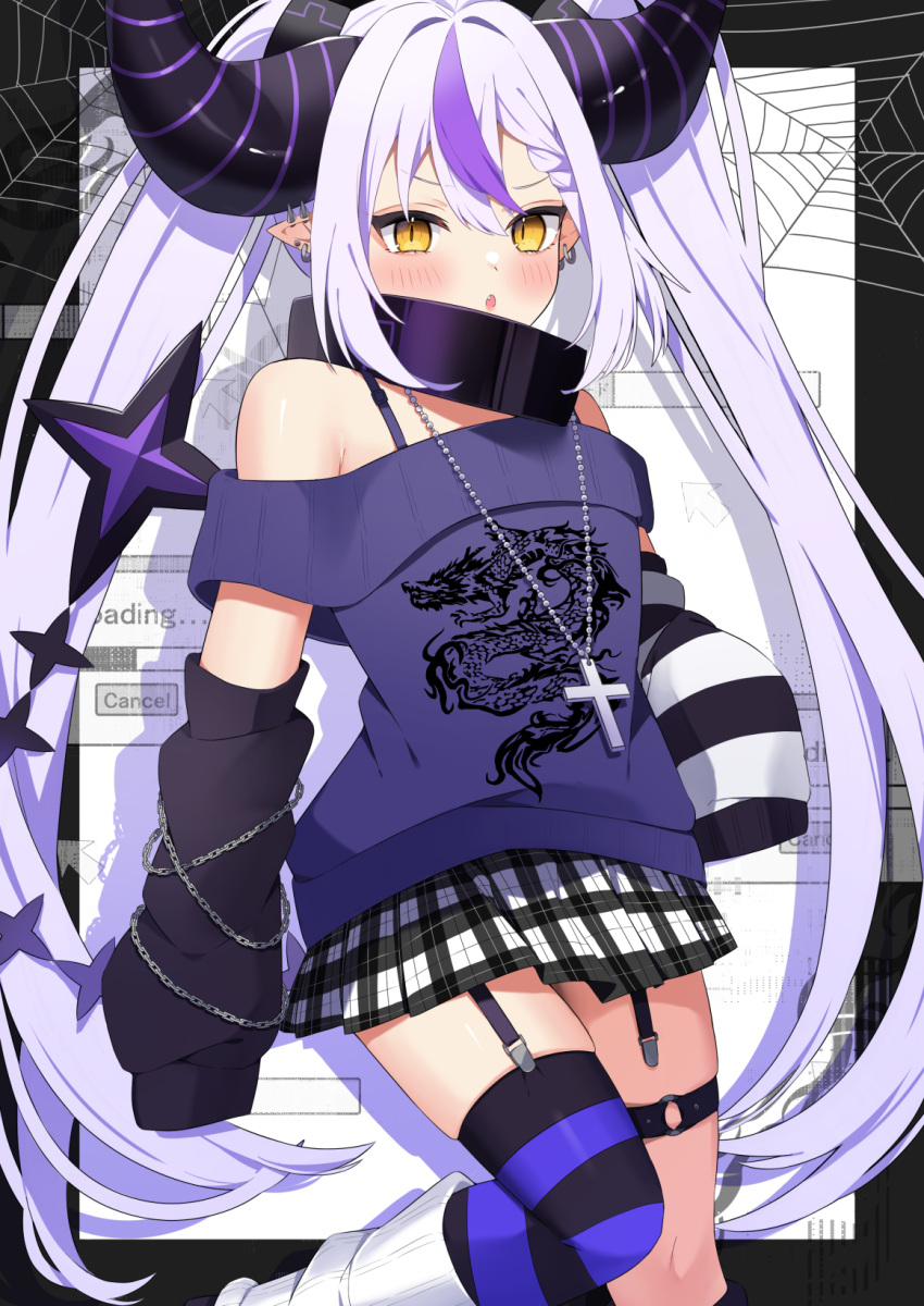 1girl :o alternate_costume black_horns blush cross cross_necklace detached_sleeves garter_straps highres hololive horns jewelry la+_darknesss long_hair looking_at_viewer multicolored_hair necklace pointy_ears purple_hair purple_sweater single_thighhigh solo streaked_hair striped_clothes striped_horns striped_thighhighs sweater tail thighhighs thighs twintails ute_(perouthi) virtual_youtuber yellow_eyes