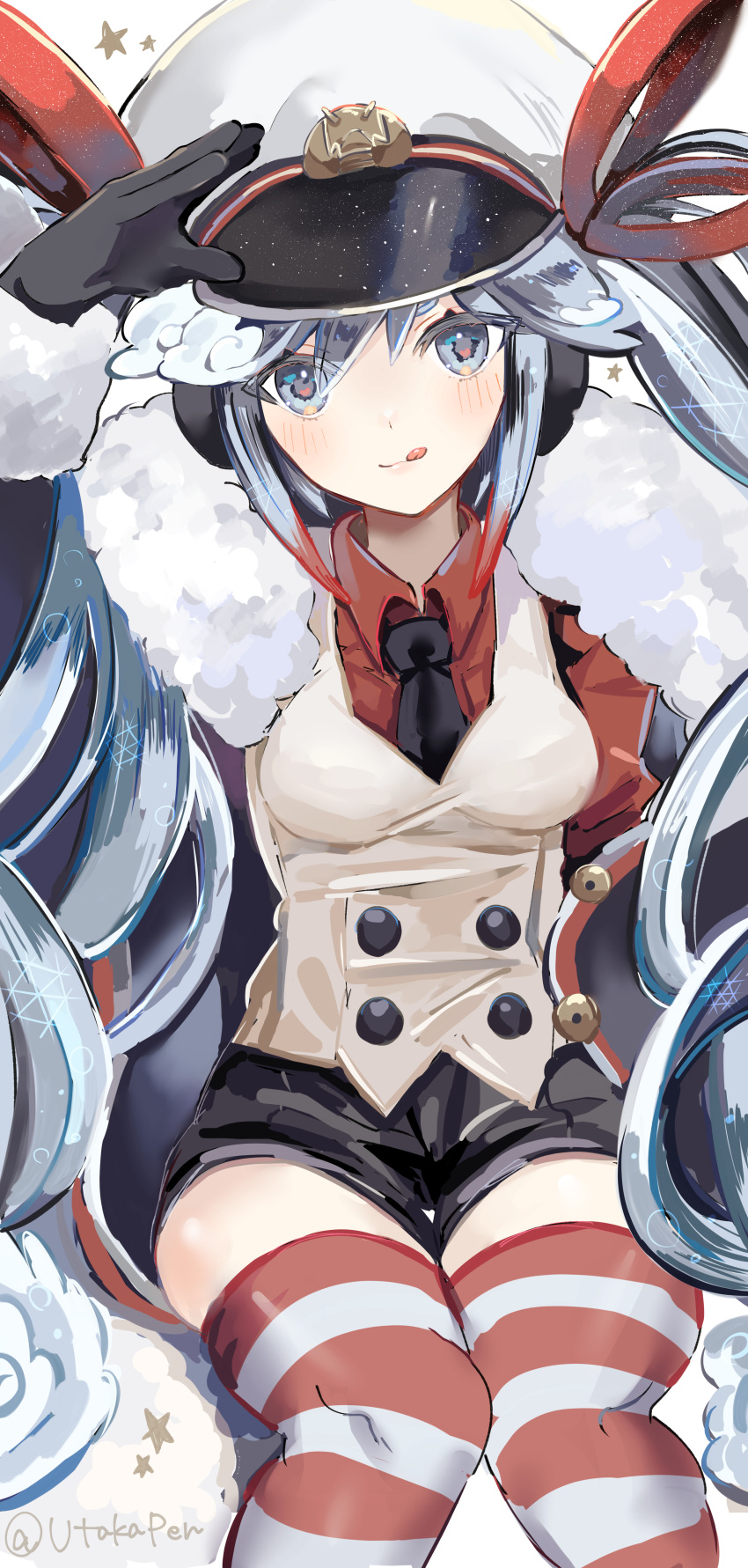 1girl :q absurdres black_coat black_gloves black_necktie black_shorts blue_eyes blue_hair blush breasts buttons coat double-breasted fur-trimmed_coat fur_trim gloves hair_ribbon hat hatsune_miku highres jacket long_hair looking_at_viewer necktie peaked_cap red_ribbon red_shirt red_thighhighs ribbon shirt short_shorts shorts sitting sleeveless sleeveless_jacket small_breasts solo striped_clothes striped_thighhighs thighhighs tongue tongue_out twintails twitter_username utakapen very_long_hair vocaloid white_headwear white_jacket white_thighhighs yuki_miku yuki_miku_(2022)