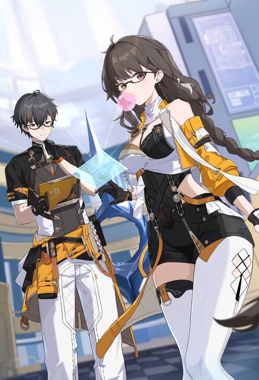 1boy 1girl absurdres ahoge black_gloves black_shorts braid breasts brown_eyes brown_hair chenmu_sora chewing_gum chinese_commentary closed_mouth day detached_sleeves earrings female_dreamseeker_(honkai_impact) gloves hair_between_eyes hand_on_own_chin highres holding honkai_(series) honkai_impact_3rd jewelry long_hair looking_at_object looking_at_viewer male_dreamseeker_(honkai_impact) medium_breasts multicolored_hair outdoors pants screen second-party_source short_hair shorts standing streaked_hair thighhighs white_pants white_thighhighs yellow_sleeves