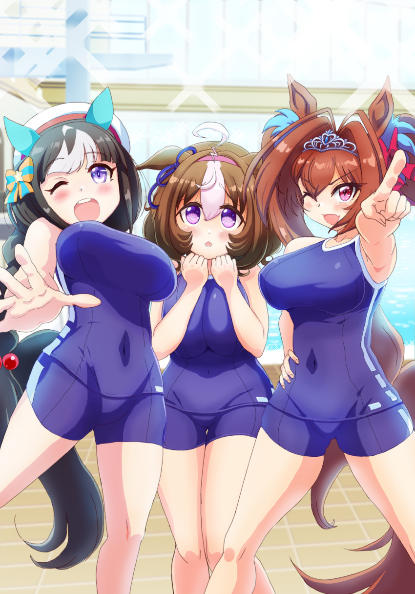 3girls @_@ ahoge animal_ears antenna_hair beret blue_bow blue_ribbon blunt_bangs bow braid braided_ponytail breasts brown_hair chestnut_mouth commentary_request competition_school_swimsuit covered_navel daiwa_scarlet_(umamusume) ear_covers ear_ribbon fang feet_out_of_frame groin_outline hair_between_eyes hair_bobbles hair_bow hair_intakes hair_ornament hairband hat highres hokko_tarumae_(umamusume) horse_ears horse_girl horse_tail long_hair marusan_(marusant03) medium_breasts meisho_doto_(umamusume) multicolored_hair multiple_girls one_eye_closed open_mouth orange_bow pink_hairband pointing pool purple_eyes ribbon school_swimsuit single_braid skin_fang swimsuit tail teeth tile_floor tiles twintails two-tone_hair umamusume upper_teeth_only very_long_hair white_hair white_headwear
