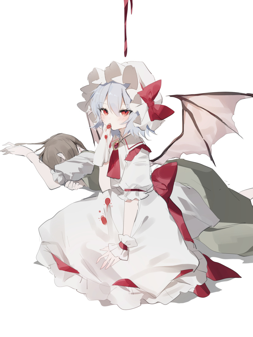 2girls bat_wings blood blood_on_clothes blue_hair brown_hair dress full_body hair_ribbon handkerchief hat highres mob_cap multiple_girls red_eyes red_ribbon remilia_scarlet ribbon short_hair simple_background solo_focus sorani_(kaeru0768) touhou white_background white_dress wings