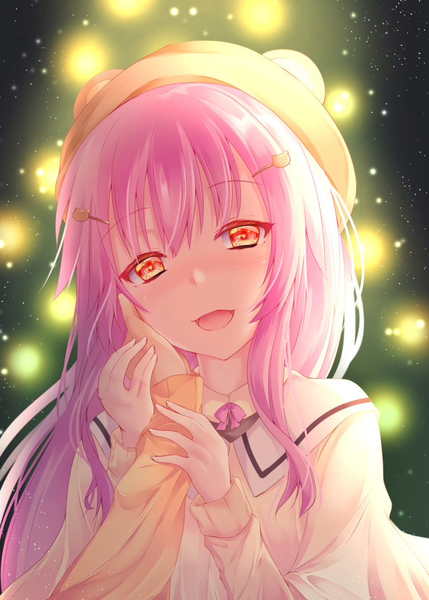 1girl :d bangs bear_hat blush eyebrows_visible_through_hair hair_between_eyes hand_grab hand_on_another's_cheek hand_on_another's_face head_tilt highres himekuma_ribon konsoramoon long_hair looking_at_viewer open_mouth pink_hair pov pov_hands re:act red_eyes shiny shiny_hair smile solo_focus symbol-shaped_pupils upper_body virtual_youtuber