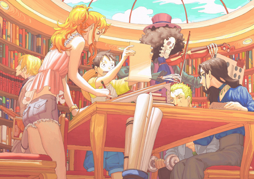 2girls 4boys afro ascot black_hair blonde_hair blue_ascot blue_shirt blue_shorts bookshelf brook_(one_piece) chair commentary_request dumbbell frilled_shirt frills from_below green_hair hand_in_pocket haramaki hat high-waist_pants highres holding holding_dumbbell holding_instrument holding_paper holding_pen holding_violin indoors instrument long_hair molymes monkey_d._luffy multiple_boys multiple_girls nami_(one_piece) nico_robin one_eye_closed one_piece open_clothes open_shirt orange_hair pants paper pen pink_shirt ponytail profile roronoa_zoro sanji_(one_piece) scar scar_across_eye scar_on_face shirt shirt_tucked_in short_hair shorts sidelocks sitting skeleton sky straw_hat table top_hat violin waistcoat