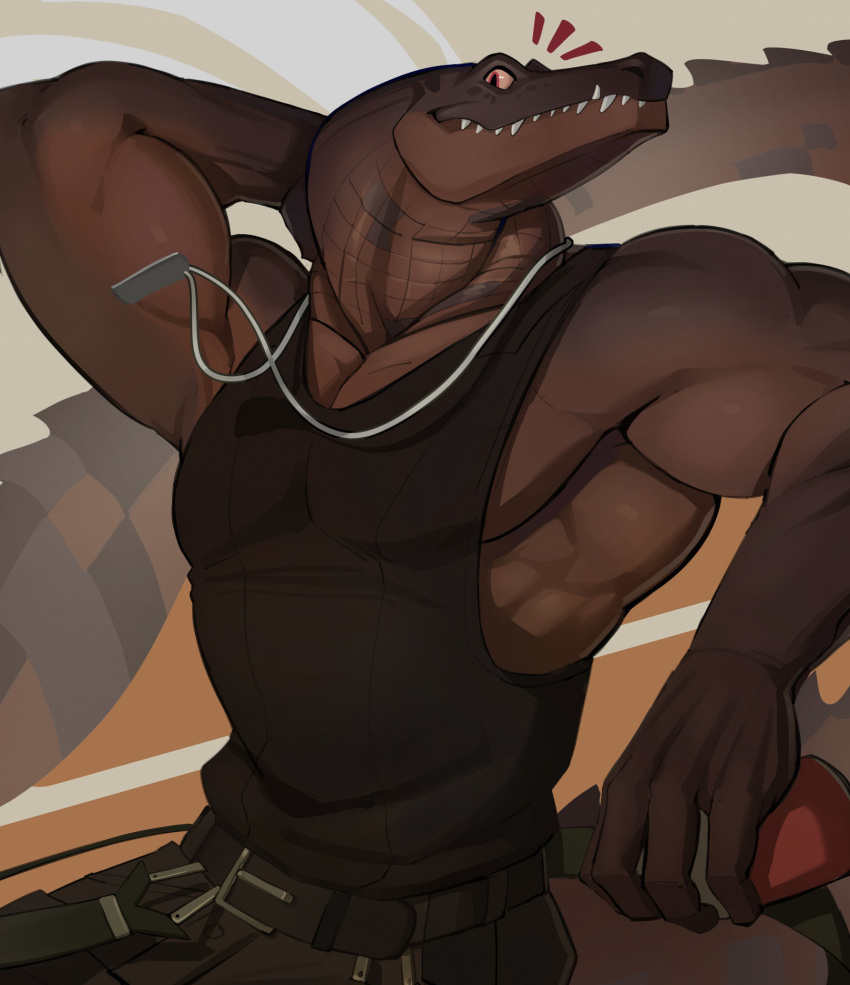 aetius_(character) anthro belt bottomwear clothed clothing crocodile crocodilian crocodylid dog_tag_necklace fully_clothed hand_behind_head hi_res long_tail male muscular muscular_anthro muscular_male pants pupils red_eyes reptile scalie sharp_teeth shirt slit_pupils solo tail tank_top teeth topwear yourboi_lynno