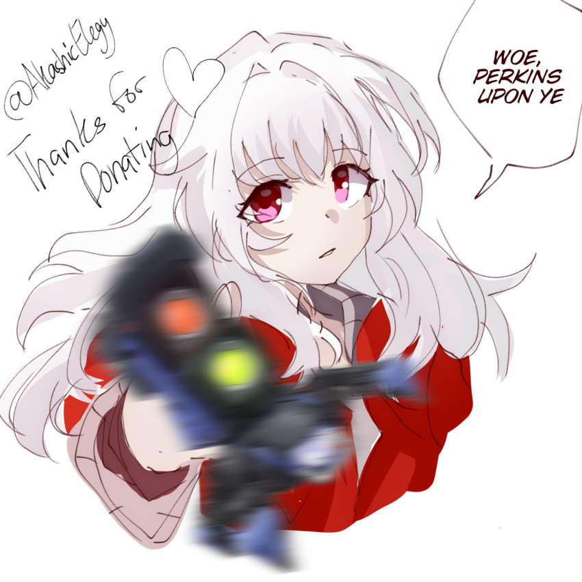 1girl akashicelegy clara_(honkai:_star_rail) eminem_throwing_a_fat_rat_(meme) highres honkai:_star_rail honkai_(series) jacket long_hair long_sleeves looking_at_viewer meme pink_eyes red_eyes red_jacket robot solo white_hair