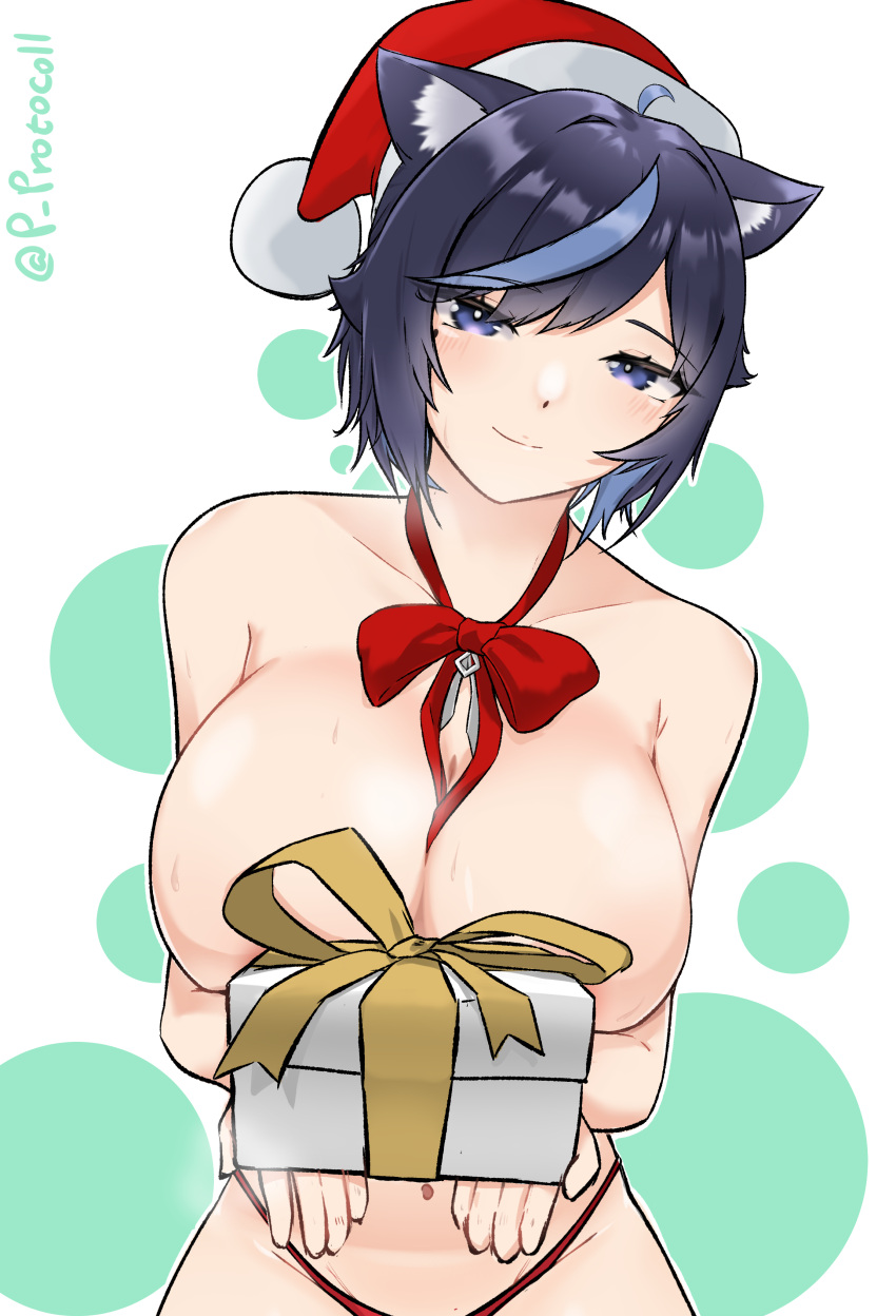 1girl absurdres animal_ears black_hair blue_eyes bow box breasts cat_ears cat_girl christmas english_commentary gift gift_box hat highres large_breasts original p_protocoll panties red_bow red_panties santa_hat short_hair simple_background solo topless underwear