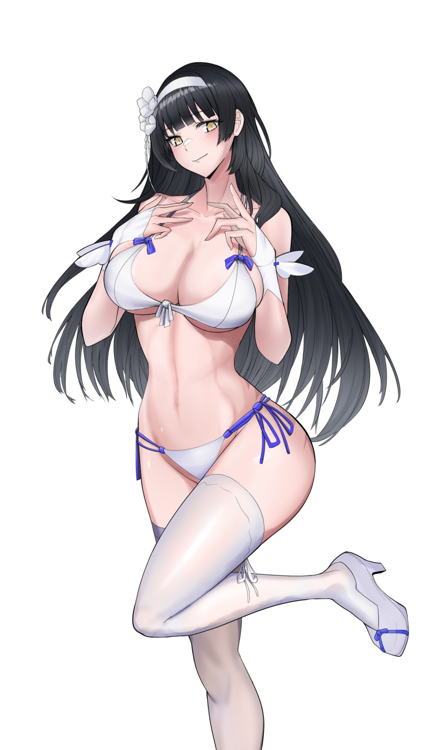 1girl absurdres bikini black_hair blush breasts cleavage front-tie_bikini_top front-tie_top girls'_frontline hairband hands_up high_heels highres large_breasts leg_up long_hair looking_at_viewer multi-strapped_bikini_bottom official_alternate_costume side-tie_bikini_bottom smile solo swavigg swimsuit thighhighs type_95_(girls'_frontline) type_95_(summer_cicada)_(girls'_frontline) white_background white_bikini white_footwear white_hairband white_thighhighs yellow_eyes