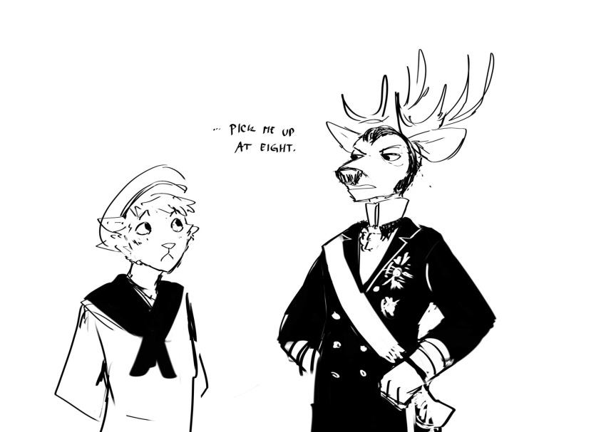 2024 anthro antlers black_and_white clothing comic deer deer_admiral_(hladilnik) dialogue domestic_cat duo english_text felid feline felis hi_res hladilnik horn male mammal military_uniform monochrome sailor_uniform ship's_catboy_(hladilnik) text uniform