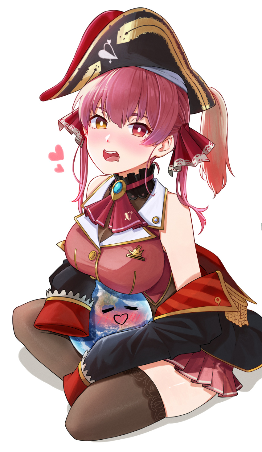 1girl absurdres ascot bare_shoulders bicorne blush breasts bright_pupils brown_thighhighs commentary earth_(planet) english_commentary hat heart heterochromia highres hololive houshou_marine indian_style jacket jacket_partially_removed large_breasts long_hair looking_at_viewer nuebunny open_mouth pirate_hat planet pleated_skirt red_ascot red_eyes red_hair red_shirt red_skirt shirt simple_background sitting skirt solo thighhighs virtual_youtuber white_background white_pupils yellow_eyes