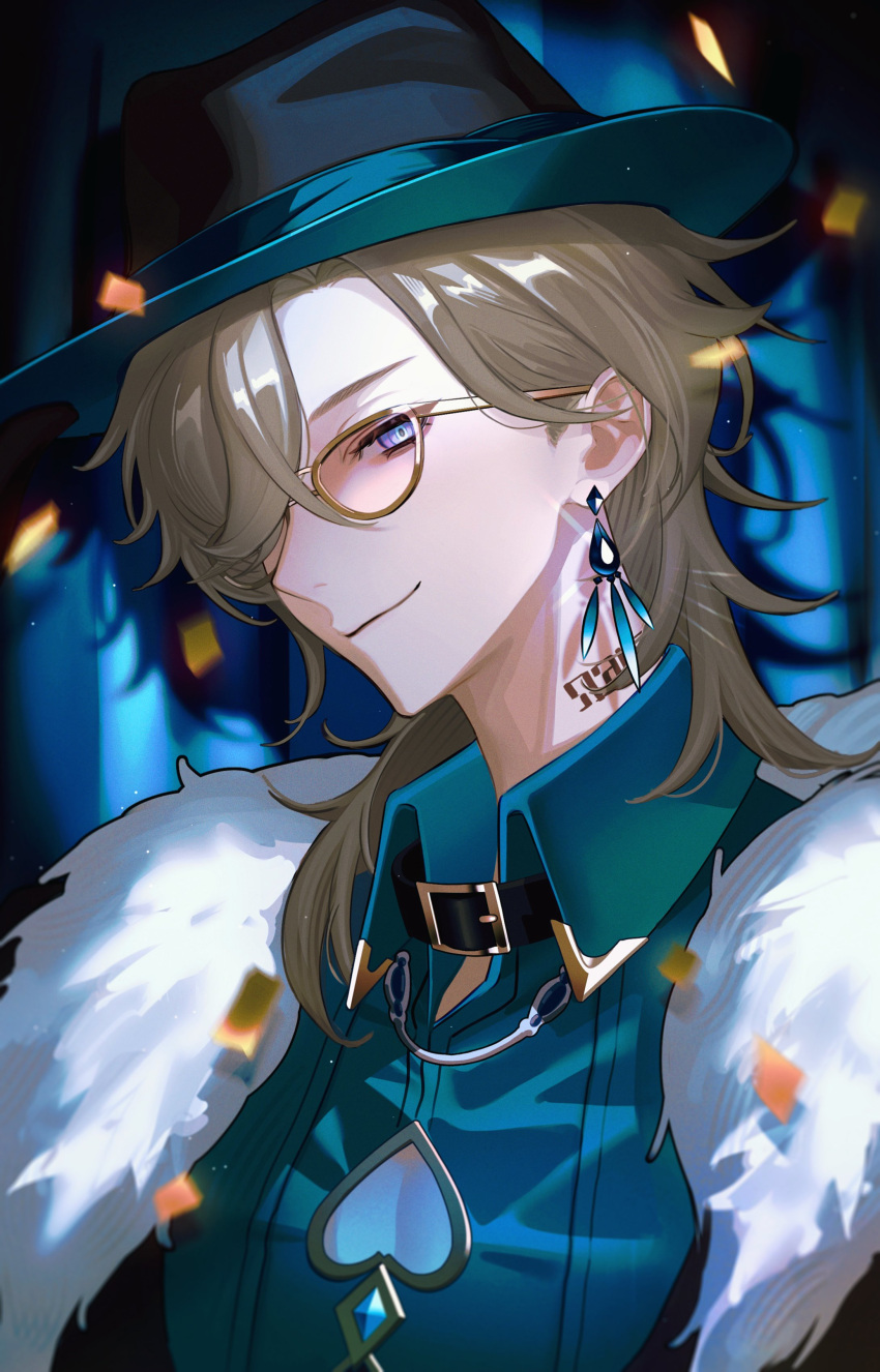 1boy absurdres aqua_shirt aventurine_(honkai:_star_rail) black_headwear blonde_hair closed_mouth collared_shirt earrings fur_trim glasses hair_over_one_eye hat highres honkai:_star_rail honkai_(series) jewelry male_focus neck_tattoo portrait shirt short_hair solo tattoo tokita_mago