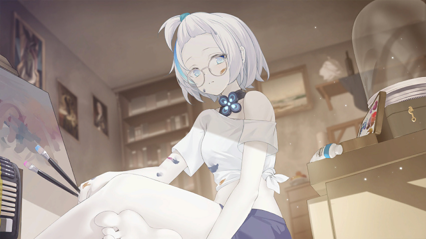 1girl aged_up artist_request azur_lane bangs_pinned_back barefoot bespectacled black_nails blue_eyes blue_hair blue_shorts bookshelf breasts canvas_(object) closed_mouth colored_eyelashes colored_skin eyes_visible_through_hair feet fingernails forehead four-leaf_clover_necklace game_cg glasses highres indoors jewelry midriff multicolored_hair nail_polish necklace non-web_source official_art paint_on_clothes paint_splatter paint_splatter_on_face paintbrush painting_(action) painting_(object) pale_skin palette_(object) round_eyewear shirt short_hair shorts single_off_shoulder small_breasts soles streaked_hair tb_(azur_lane) tb_(type-a)_(azur_lane) tied_shirt topknot two-tone_hair white_hair white_shirt white_skin
