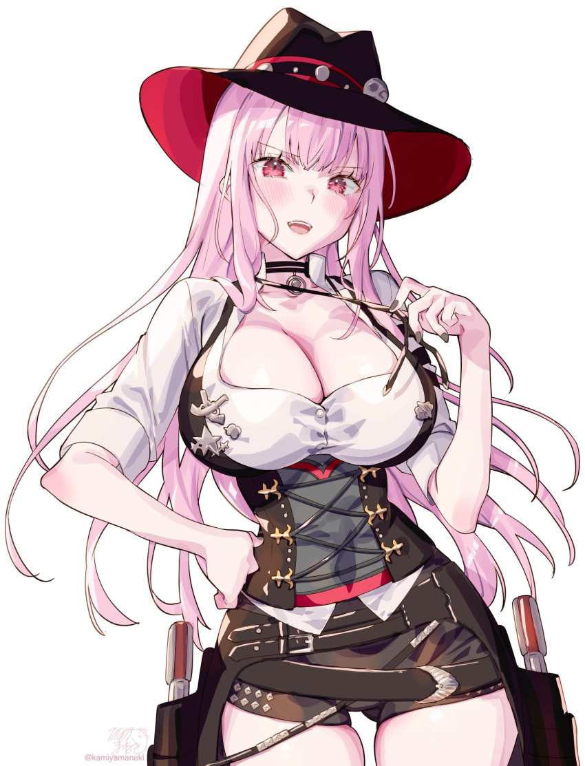 1girl breasts button_gap choker cleavage collarbone collared_shirt corset cowboy cowboy_hat gun hat highres hololive hololive_english holster kamiya_maneki large_breasts long_hair long_sleeves looking_at_viewer midriff mori_calliope mori_calliope_(sheriff) official_alternate_costume pink_eyes pink_hair red_eyes revolver sheriff_badge shirt shorts simple_background skindentation solo star_(symbol) sweat thick_thighs thigh_gap thigh_strap thighs very_long_hair vest virtual_youtuber weapon white_background white_shirt
