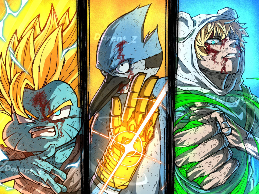 3boys adventure_time angry artist_name bird_boy blonde_hair blood blood_on_face blue_eyes blue_fur cat_boy darent_z finn_the_human gauntlets gumball_watterson hat highres jujutsu_kaisen male_focus meme mordecai_(regular_show) multiple_boys regular_show shirt signature spiked_hair teeth the_amazing_world_of_gumball thick_eyebrows upper_body