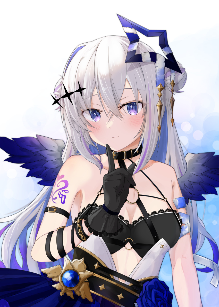 1girl absurdres amane_kanata arm_tattoo bare_shoulders belt_collar black_gloves blue_eyes blue_hair blue_halo blue_wings blush breasts closed_mouth collar commentary_request crossed_bangs double_bun feathered_wings gloves grey_hair hair_bun halo highres hololive index_finger_raised long_hair looking_at_viewer mini_wings multicolored_hair rate_mogyu small_breasts smile solo star_halo streaked_hair tattoo upper_body virtual_youtuber wings