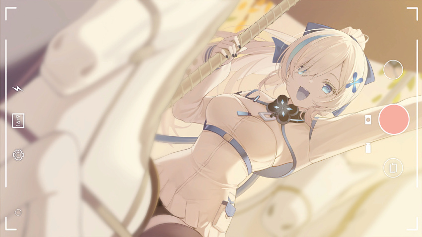 1girl :d amusement_park arm_up artist_request azur_lane black_nails blue_eyes blue_hair blue_jacket bow breasts cable carousel cleavage cleavage_cutout clothing_cutout colored_eyelashes colored_skin dress eyes_visible_through_hair fingernails flower four-leaf_clover_necklace game_cg hair_bow hair_flower hair_ornament hair_over_one_eye high_ponytail highres holding holding_pole jacket jewelry long_sleeves looking_at_viewer medium_breasts multicolored_hair nail_polish necklace non-web_source official_art open_mouth pale_skin pleated_dress pole short_dress sitting sleeveless sleeveless_dress smile streaked_hair tb_(azur_lane) tb_(type-l)_(azur_lane) two-tone_hair viewfinder white_dress white_hair white_skin