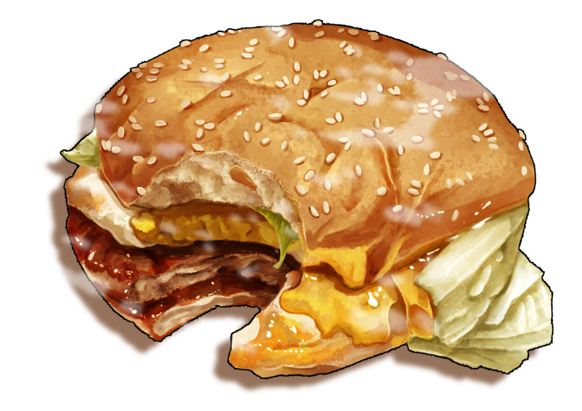 bread burger cheese food food_focus highres kaneko_ryou lettuce meat no_humans original sesame_seeds simple_background still_life