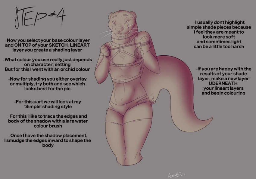 absurd_res ambiguous_gender anthro clothing curved_tail curvy_figure english_text harness hi_res how-to leash leash_pull legwear line_art lutrine mammal mustelid pose possumgod shading solo stockings text wren_the_otter_(possumgod)