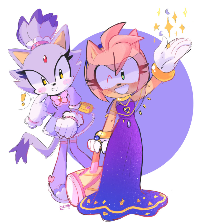 2girls amy_rose animal_ears blaze_the_cat blue_dress boots cat_ears cat_girl cat_tail dress forehead_jewel furry furry_female gloves hammer heartludwig highres holding holding_hammer multiple_girls one_eye_closed pink_fur purple_dress purple_fur sonic_(series) tail thigh_boots white_gloves yellow_eyes