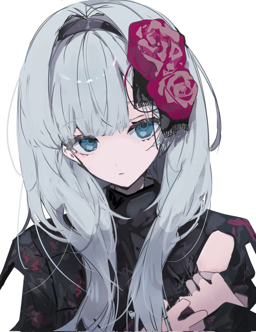 1girl black_jacket blue_eyes character_request dangogirl35 flower grey_hair hair_flower hair_ornament highres jacket long_hair project_sekai upper_body