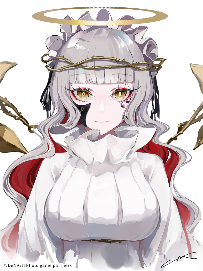 1girl absurdres bangs blunt_bangs breasts character_request cropped_torso eyebrows_visible_through_hair grey_hair grey_sweater halo highres lam_(ramdayo) large_breasts looking_at_viewer official_art red_eyeliner signature smile solo sweater takt_op._destiny upper_body white_background