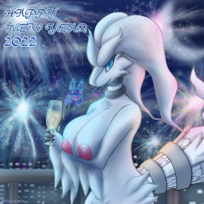 absurd_res alcohol anthro balcony beverage blubluumon blue_eyes breast_grab breasts champagne container cup dragon female fireworks fur glass glass_container glass_cup hand_on_breast hi_res holding_breast holidays legendary_pok&eacute;mon looking_at_viewer moon new_year new_year_2022 night nintendo nipples pok&eacute;mon pok&eacute;mon_(species) reshiram smile smiling_at_viewer solo video_games white_body white_fur