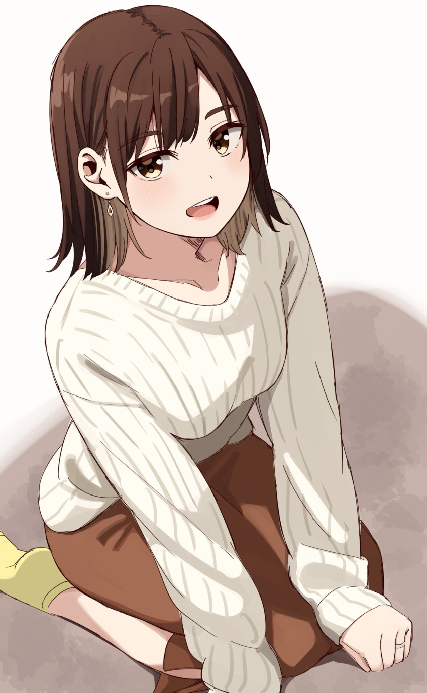 1girl :d ankle_socks arrow_(symbol) blush bob_cut breasts brown_eyes brown_hair brown_skirt collarbone commentary_request earrings highres jewelry kapatarou long_sleeves looking_at_viewer original ribbed_shirt shirt skirt sleeves_past_wrists small_breasts smile socks solo thick_eyebrows white_background white_shirt yellow_socks