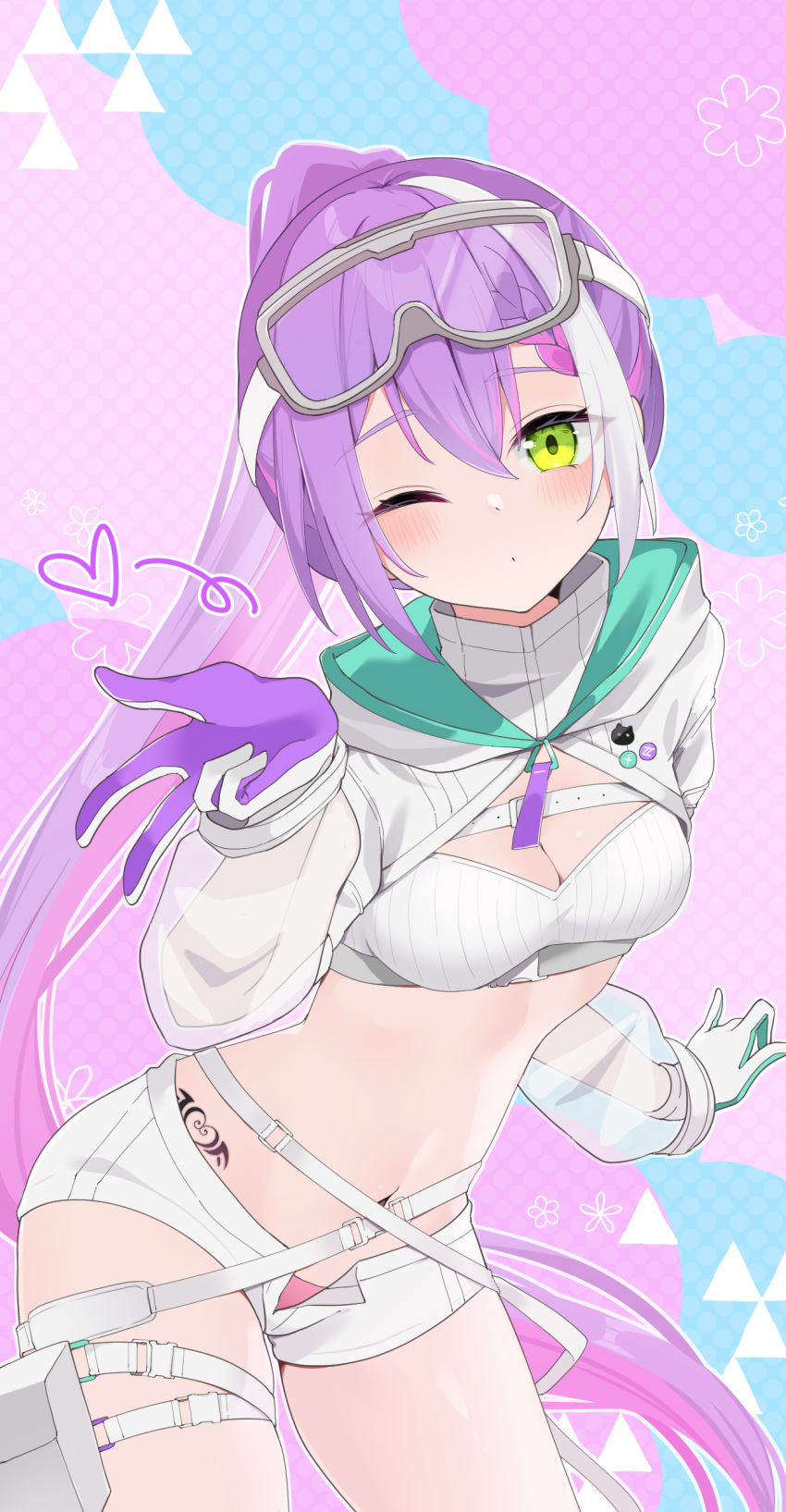 1girl absurdres aur_hkgn blush breasts cleavage gloves green_eyes heart highres hololive looking_at_viewer multicolored_hair official_alternate_costume one_eye_closed open_fly pink_hair ponytail purple_gloves purple_hair short_shorts shorts small_breasts smile snow_goggles solo streaked_hair thigh_strap tokoyami_towa tokoyami_towa_(5th_costume) two-sided_gloves virtual_youtuber white_gloves white_hair white_shorts white_shrug