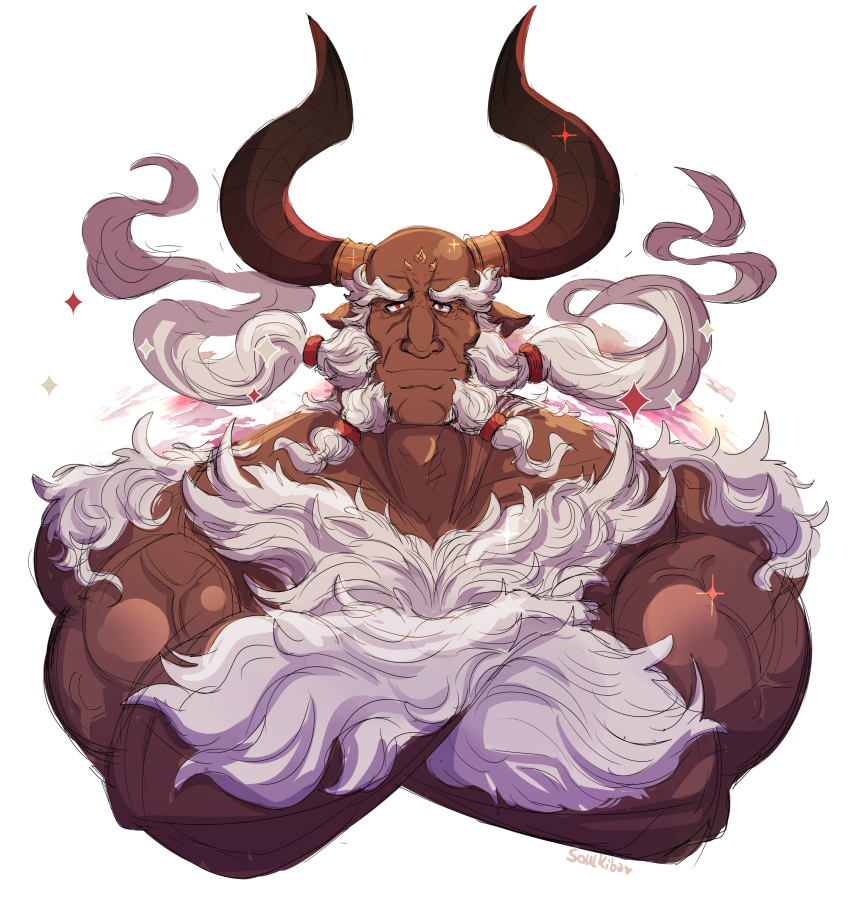 absurdres arms_behind_head bald bara beard cropped_torso crossed_arms dark-skinned_male dark_skin draph facial_hair ghandagoza granblue_fantasy hairy highres horns huge_eyebrows large_pectorals long_beard male_focus mature_male muscular muscular_male mutton_chops nude old old_man pectorals smile soulkiba sparkling_aura thick_arm_hair thick_back_hair thick_chest_hair tied_beard upper_body very_hairy white_hair