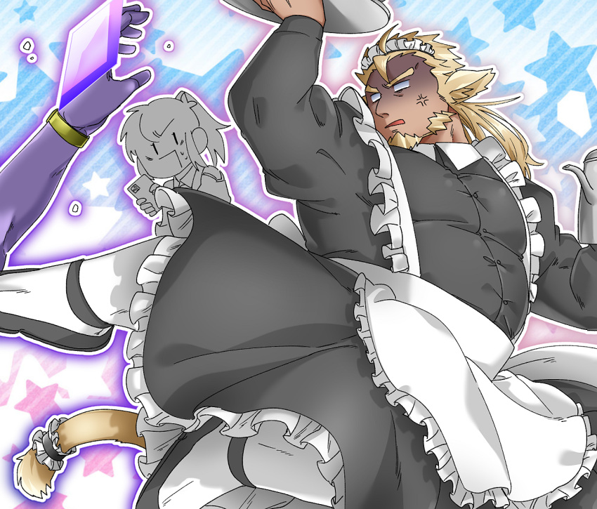 1boy 1girl alternate_costume anger_vein animal_ears apron bara beard belly black_dress blank_eyes blonde_hair cat_tail crossdressing dress enmaided facial_hair female_protagonist_(live_a_hero) frilled_dress frills fujishima_kazuya full_beard gloom_(expression) holding holding_tray huckle_(live_a_hero) kicking large_pectorals live_a_hero maid maid_apron maid_headdress male_focus male_maid mature_male muscular muscular_male pectorals plump solid_oval_eyes solo_focus tail textless_version thick_eyebrows tray twitter twitter_poll wrist_cuffs